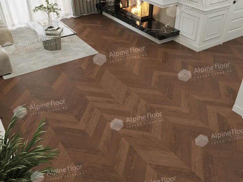 Инженерная доска Alpine Floor Chateau Дуб Браун Стори EW203-09 французская елка 600×120×12 фото в интерьере